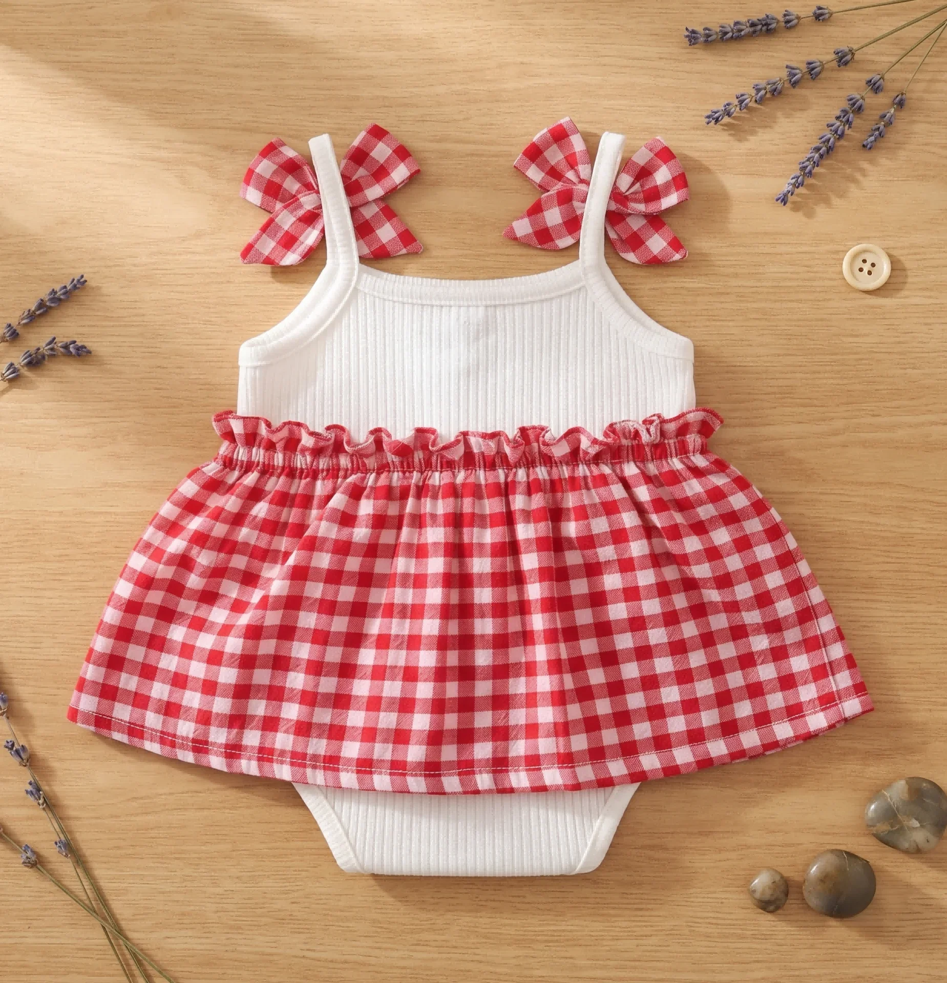 Summer Baby Girls Romper Red Checkered Bow Strap Dress Ruffle Ribbed Bodysuit Sweet Casual Outfit Suitable for 0-18M