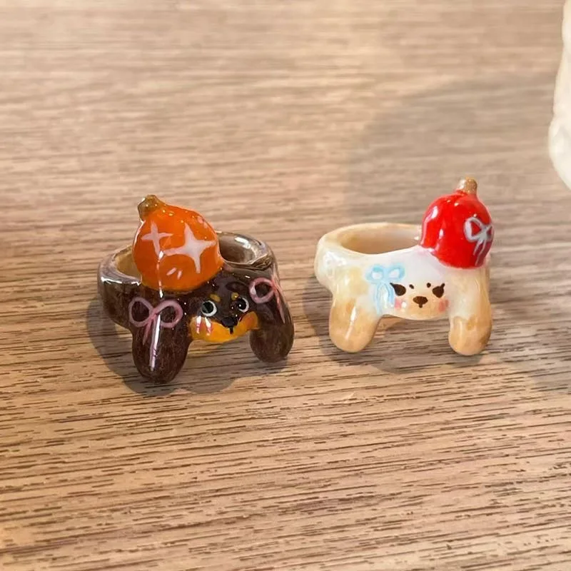 Trendy Novelty Style Multicolor Enamel Apple Bear Ring UNISEX Fun and Cute Gift Ring for Friends