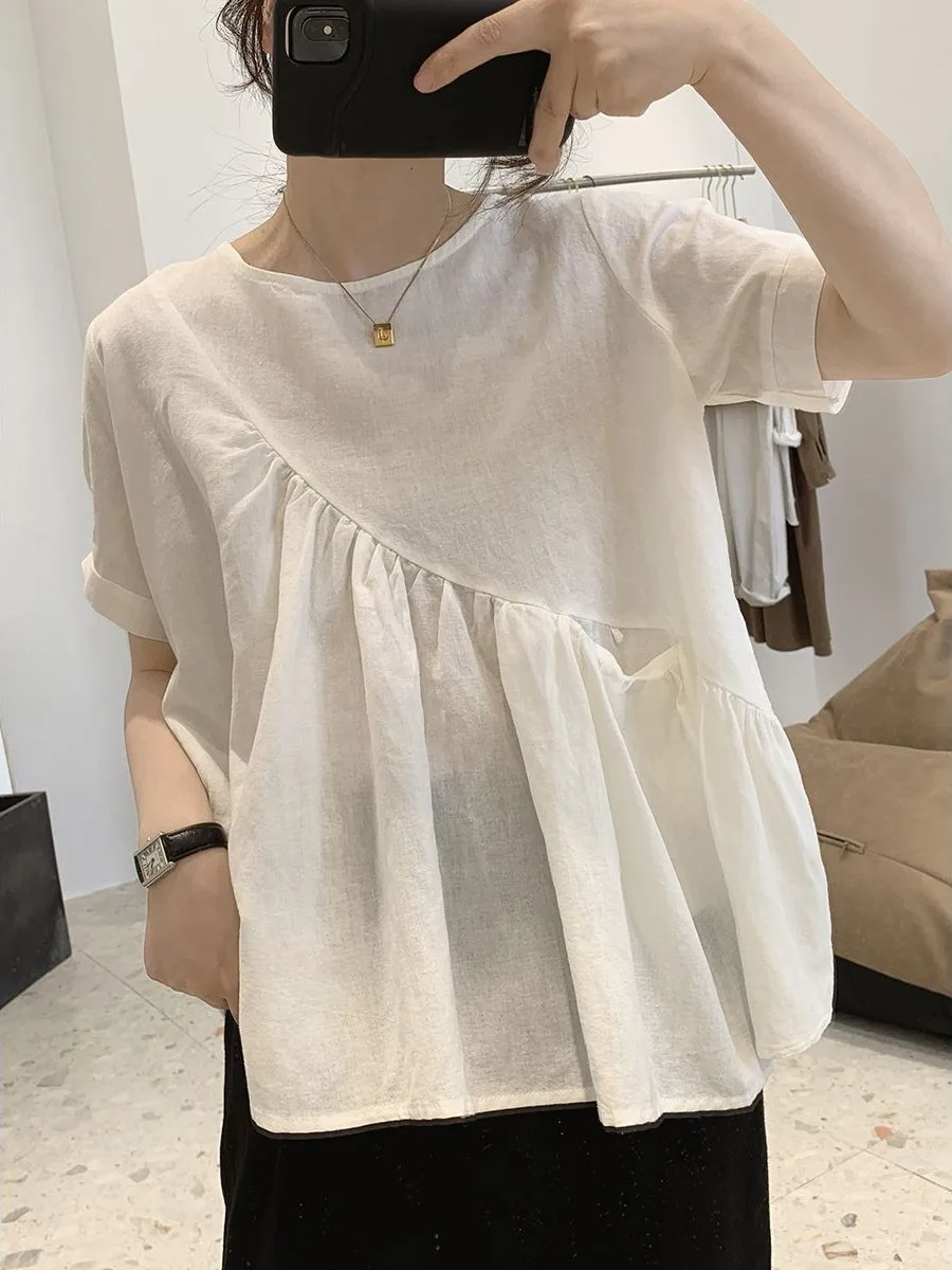 Loose Cotton Linen Shirt Women Summer Slim Fit round Neck Short Sleeve Doll Top Irregular Hemline  Style Age Reduction
