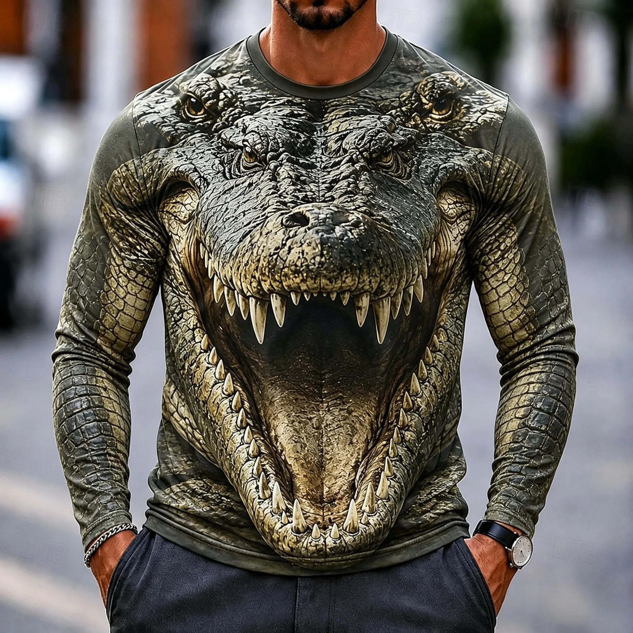 Men's Long Sleeve T-Shirt 3D Wild Animal Crocodile Bear Lion Wolf Print Retro Crew Neck Casual Street Tops