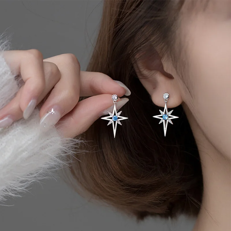 Real 925 Sterling Silver Fashion Charm Star Blue CZ Stud Earrings For Women Wedding Party Fine Jewelry DS559