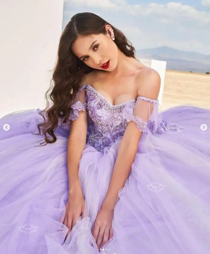 Lilac Lavender Off Shoulder Quinceanera Dresses 2023 Pleated Ruffles Beaded Floral Lace-up Corset Prom Debutantes Sweet 15 dres