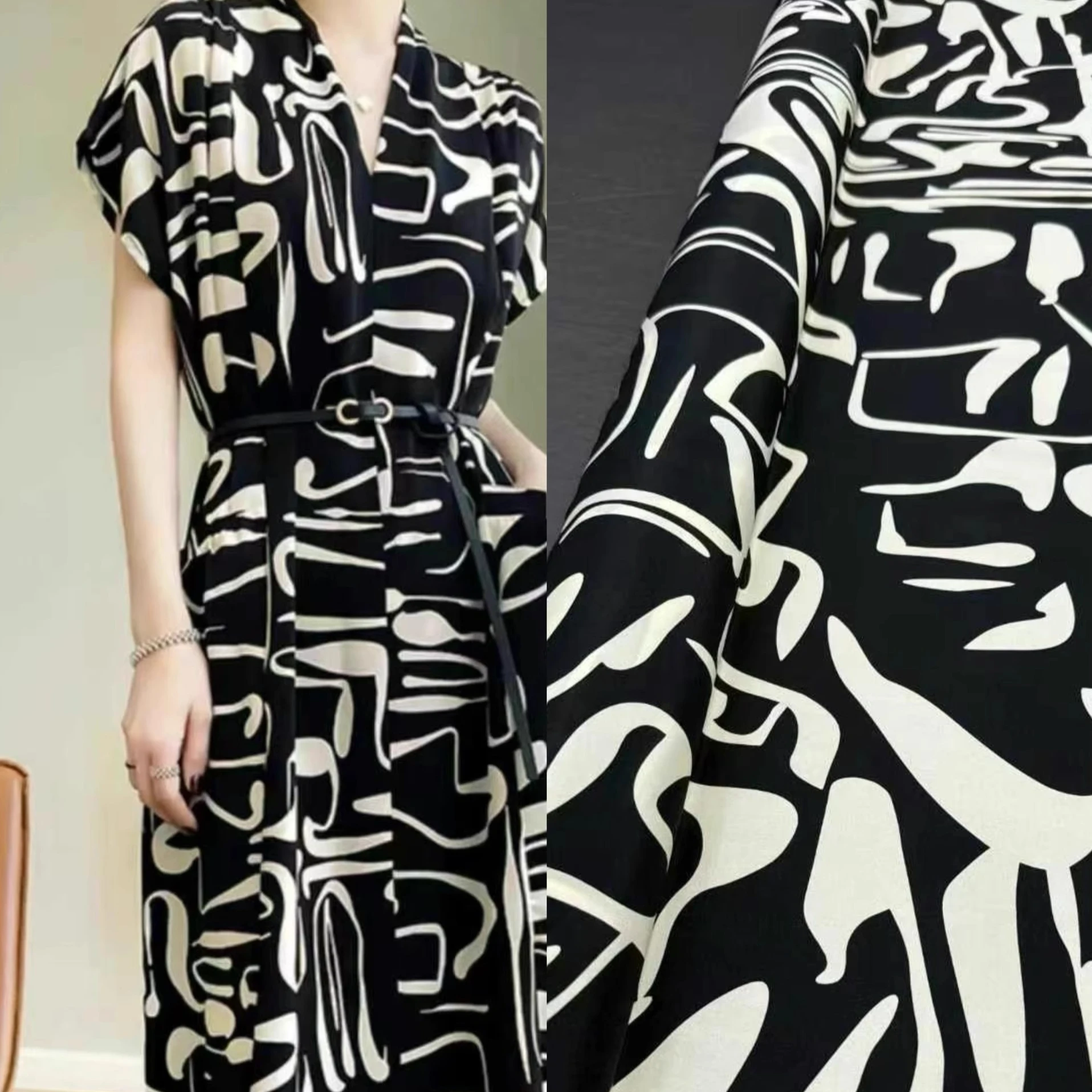 140CM Wide 18MM Beige Lines Printed Black Silk Crepe de Chine Fabric for DIY Comfortable Elastic Dress Shirt Pajamas Pants R2359