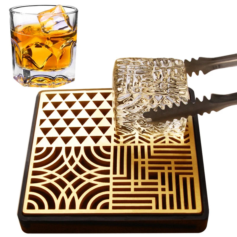 1PC Ice Cube Design Plate Food Grade Brass Ice Stamp Mold Ice Printing Bar Bartender Whiskey Pressing Stamping Square Tray