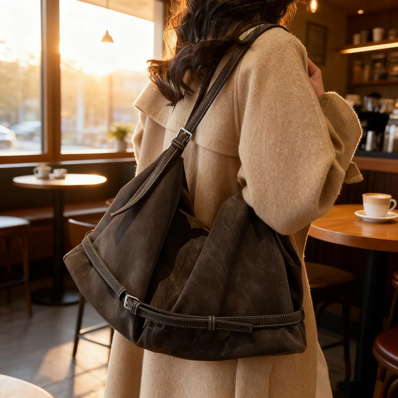 Tas Retro Baru 2025 Tas Bahu Kapasitas Besar Coklat Tas Selempang Tas Tote Tas Wanita Komuter Harian Santai