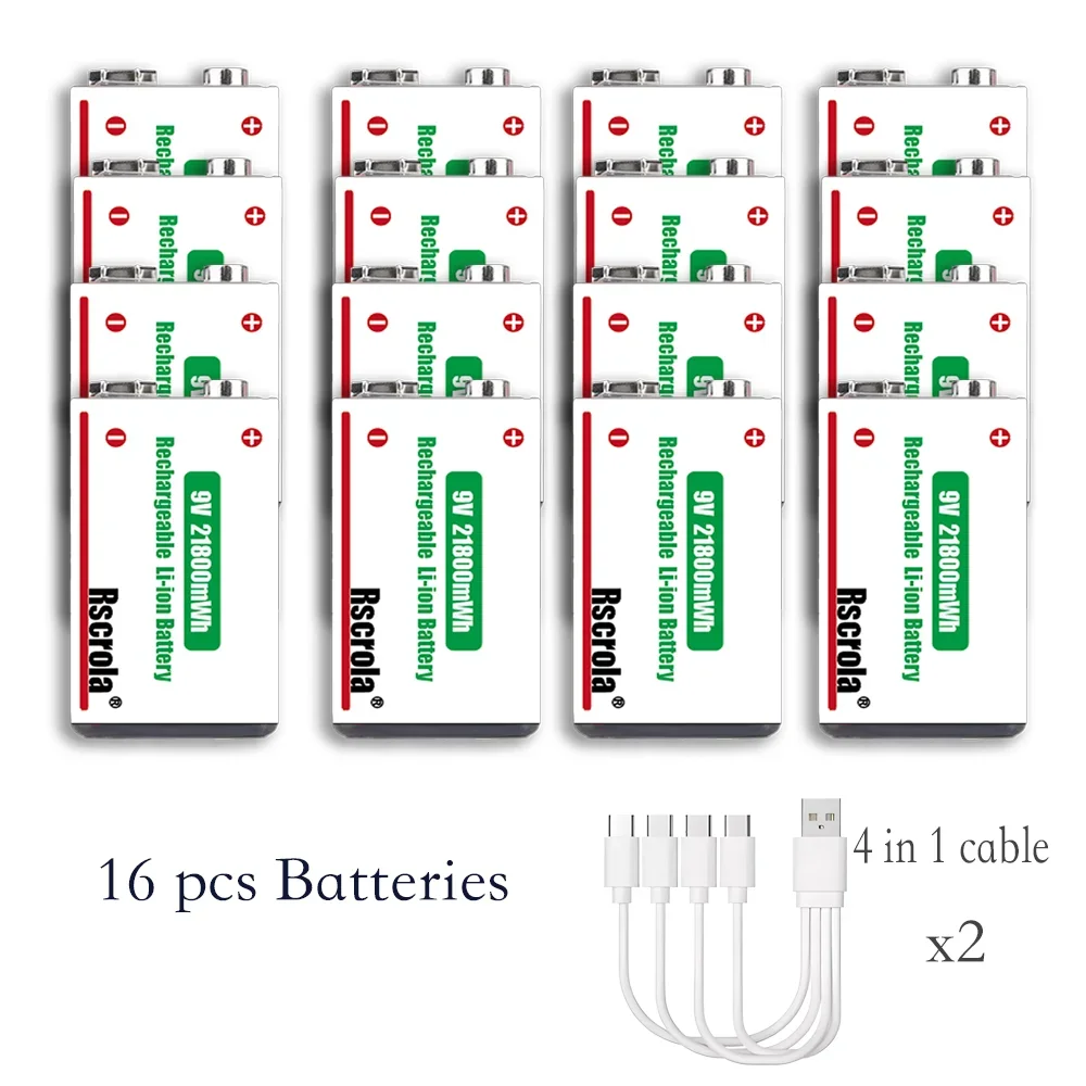 Rscrola 9V 21800mWh Lithium-ion oplaadbare batterij met hoge capaciteit voor gitaar, microfoon, rookmelder, pedaal met kabel