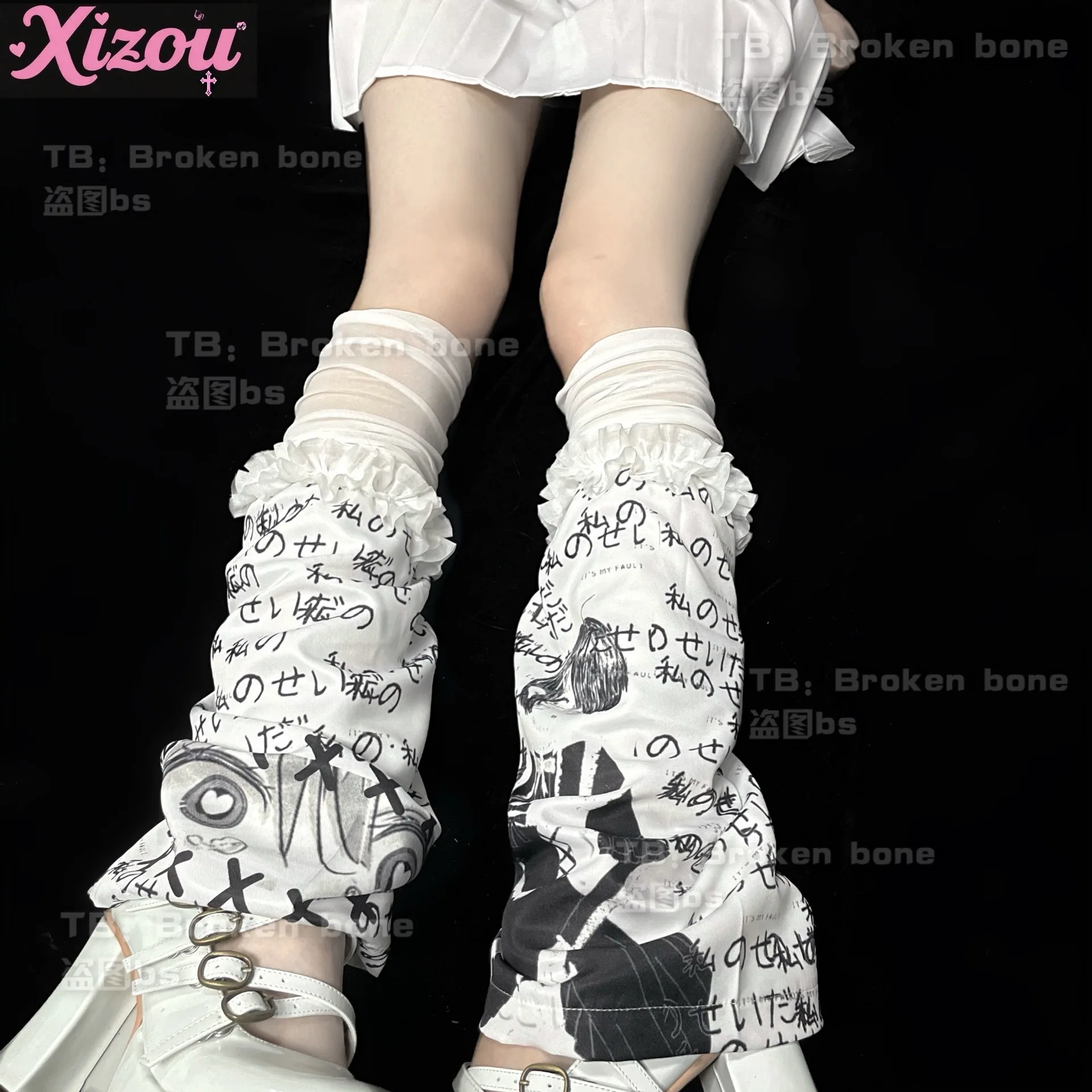 Calentadores de piernas subcultura Y2k para mujer, calcetín largo japonés Harajuku, cubierta para pies, parche de encaje con estampado Kawaii de dibujos animados, puños para botas