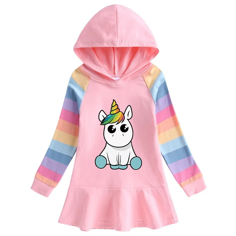 2024 New Unicorn Princess Girls Dress Cotton Autumn Kids Dresses for Children Birthday Party Clothes Costume Hooded Rainbow 2-8T