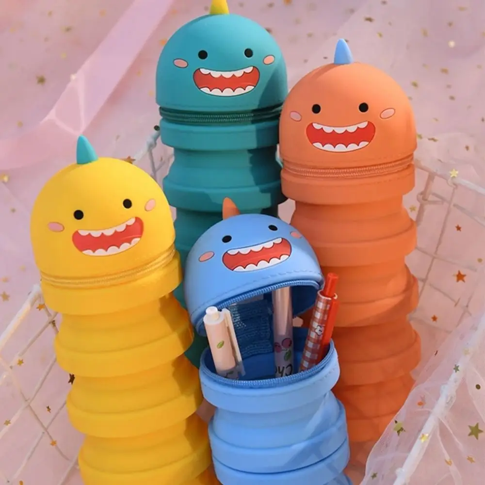 3D Little Dinosaur Pencil Case Kawaii Waterproof Retractable Pencil Bag Ins Style Cartoon Silicone Stationery Box Girl