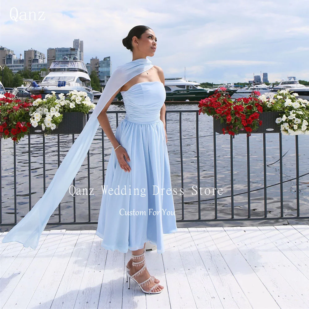 

Qanz Sky Blue Chiffon Evening Dress A Line Strapless Vestidos De Gala De Noche Tea Length Wedding Dresses Guest Customized