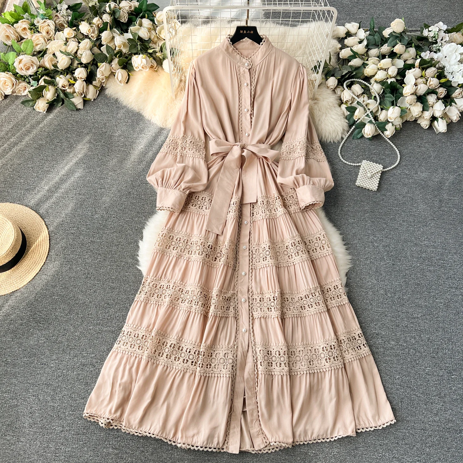 French Vintage Lace Hollow Puff Sleeves Half High Collar Dress Casual Women Fashion Autumn Vacation Dress