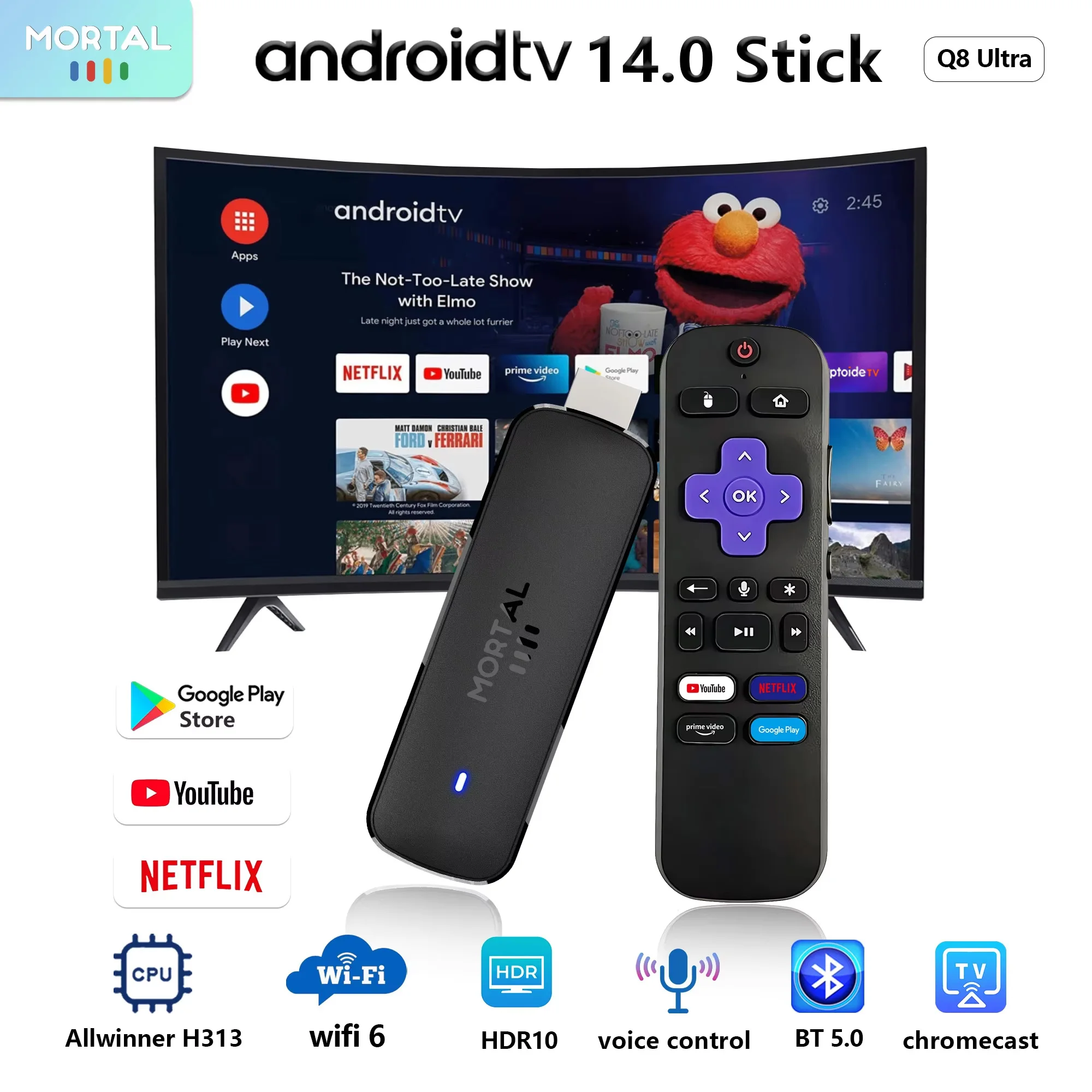 عصا تلفزيون Mortal Q8 Ultra WIFI6 للتحكم الصوتي، بث تلفزيوني مباشر مجاني، عصا تلفزيون 4K HDR، Android 14 Allwinner H313، Netflix، YouTube #1