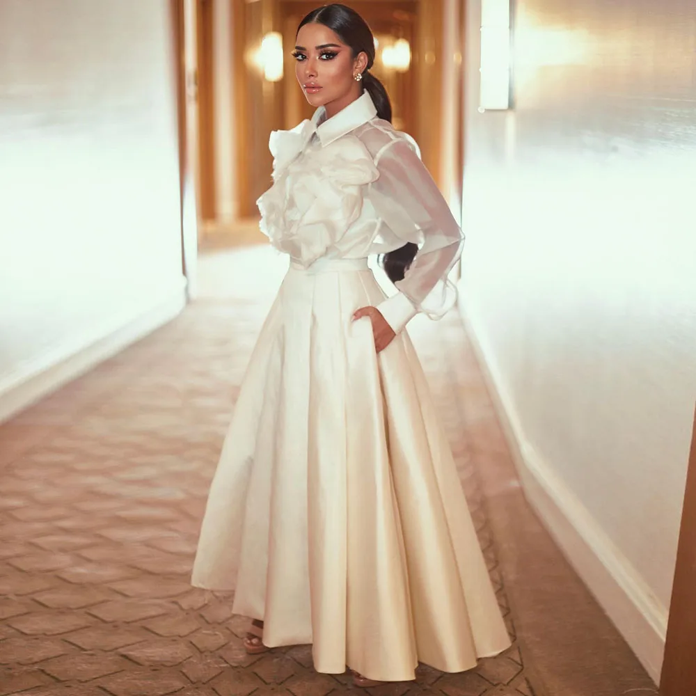 

Elegant 2 Pieces Illusion Ruffles Blazer And High Low Skirt With Pockets Long Evening Dress