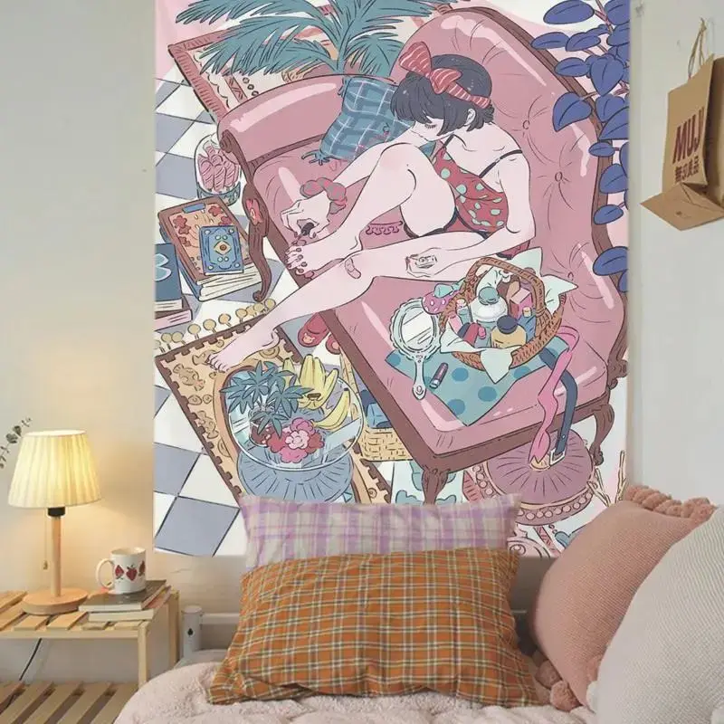 VIKAMA Retro Lazy Girl Illustration Tapestry, Soft Polyester Wall Hanging, Bedroom Living Room Decor, Cute Aesthetic Backdrop