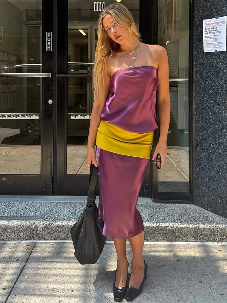 Weird Puss Sexy Color Blocking Dress Women Fashion Trend Bright Silk See Through Sleeveless Elegant Simple Party Street Bodycon