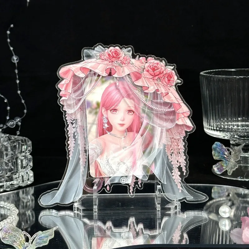 Romantic Floral Acrylic Photo Frame for 3 Inch Kpop Card Cute Anime Idol Photo Display Rack Wedding Style Collectible Card Decor