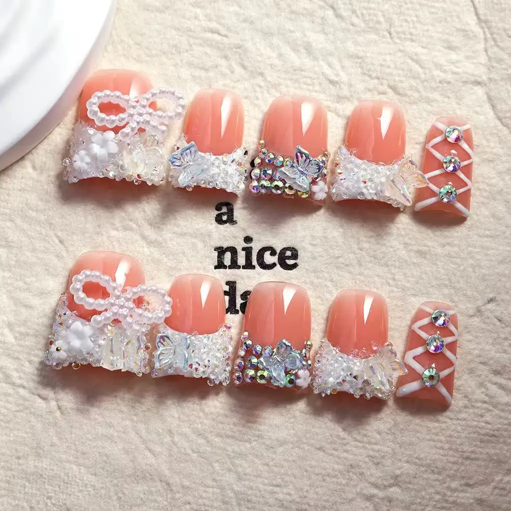 10pcs high-end The ice is crystal clear and the diamonds are glittering handmade coffin French tips fake nails