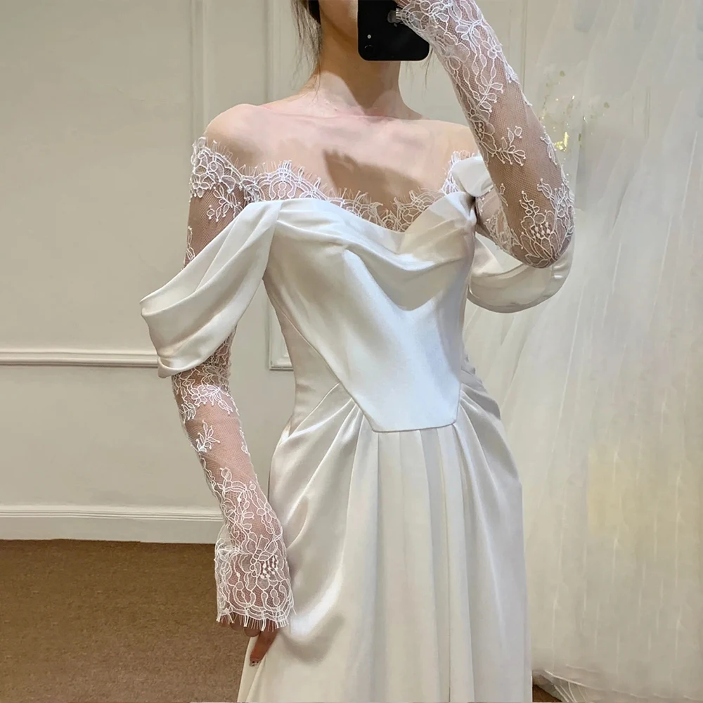 Robe de Mariage en Tulle à Manches sulfet Fente Haute, Vêtement en Satin Froncé, de Grande Taille, A-ligne, pour Patients