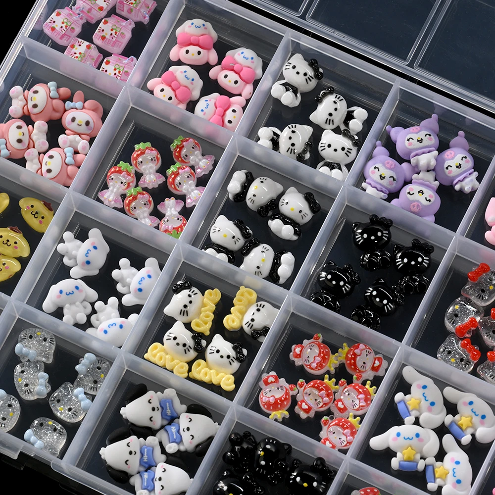24칸/박스 헬로키티 만화 캐릭터 & 친구 레진 네일 액세서리 3D 귀여운 네일 아트 참 DIY 매니큐어 데코
