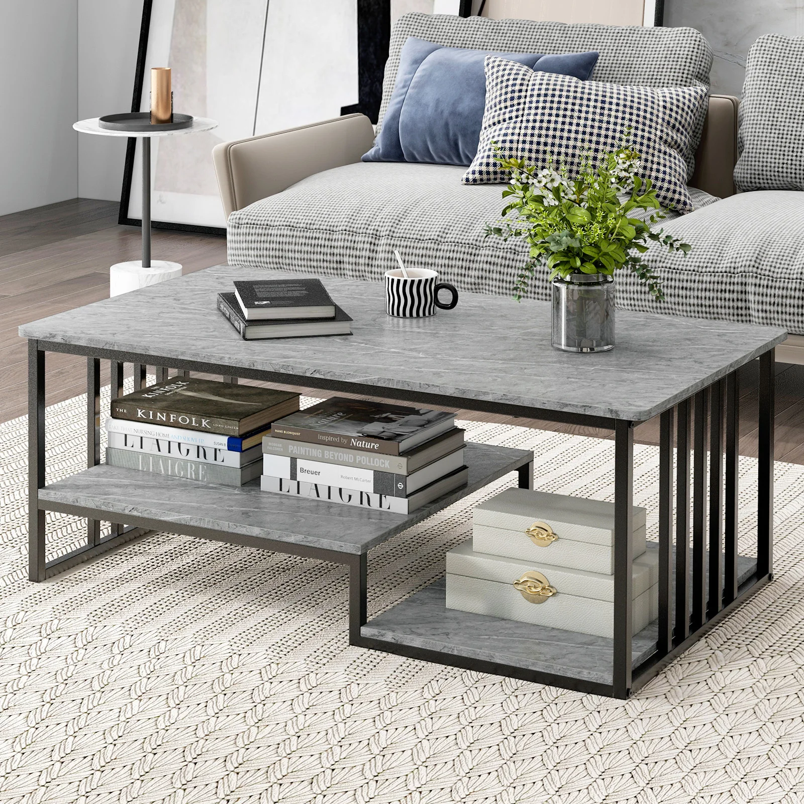 

GOFLAME 3-Tier Coffee Table, 110 x 60 x 45cm Faux Marble Cocktail Center Table with Open Storage Shelves