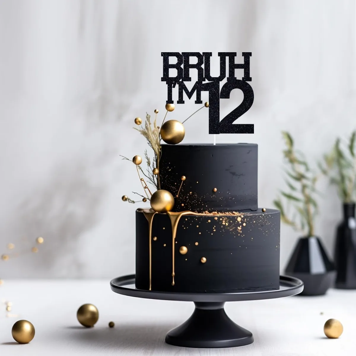 1 Stück Schwarzer „Bruh I'm 12“ Kuchenaufsatz, Alles Gute zum 12. Geburtstag/Bro I'm 12, Lustige 12. Geburtstagsparty-Dekorationen – Detail 5