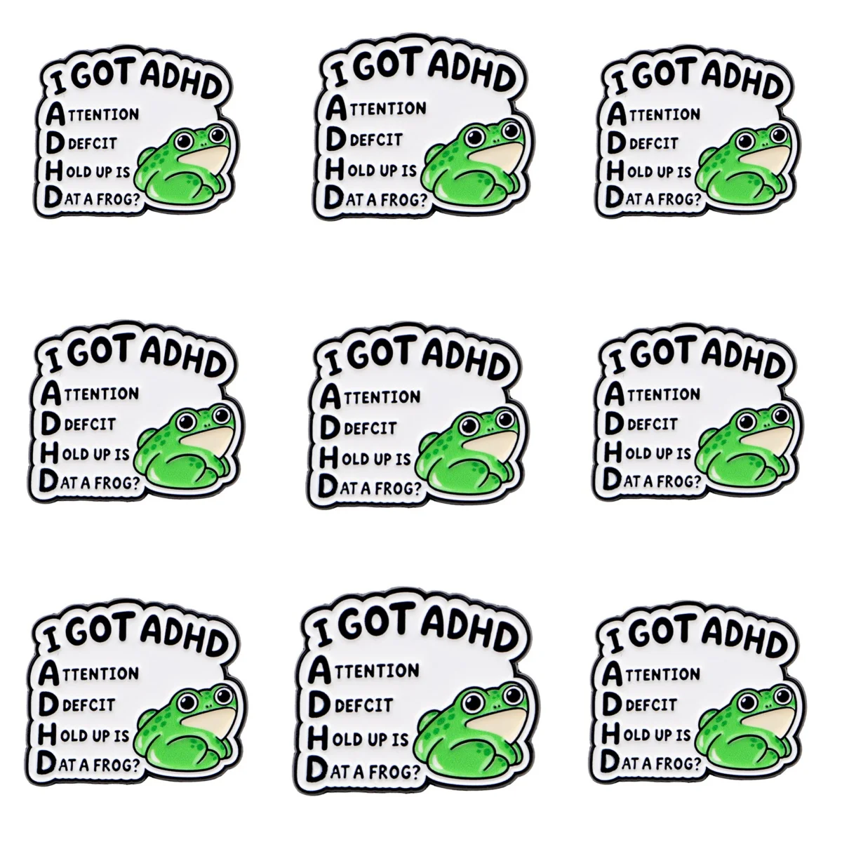 9pcs I Got ADHD Frog Enamel Pin Funny Green Frog Brooch Cute Cartoon Badge Decorative Pin For Backpack Jacket Clothing Gift
