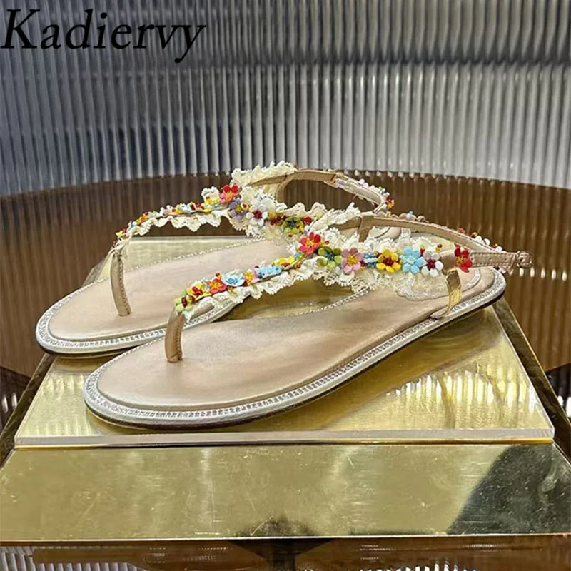 

Summer Sandals For Women Pearl Flower Ankle Strap Party Shoes Women Flip Flop Vacation Bohemian Flat Sandals Woman Sandalias