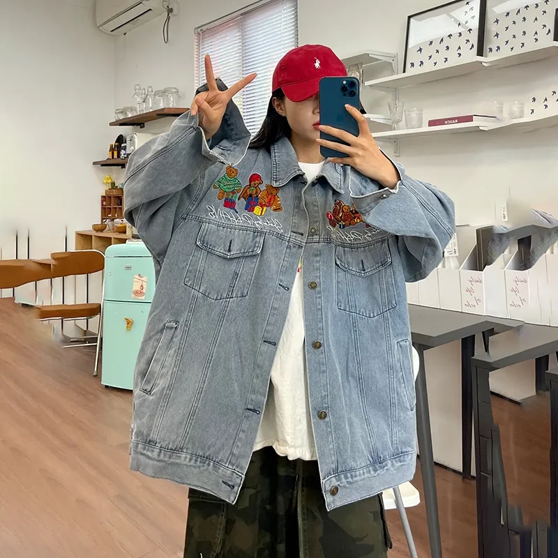 

Fried Street Embroidered Denim Jacket Women's Outwear 2024 Spring Autumn New Loose bf Childlike Retro Couple Jeans Jacket Tops