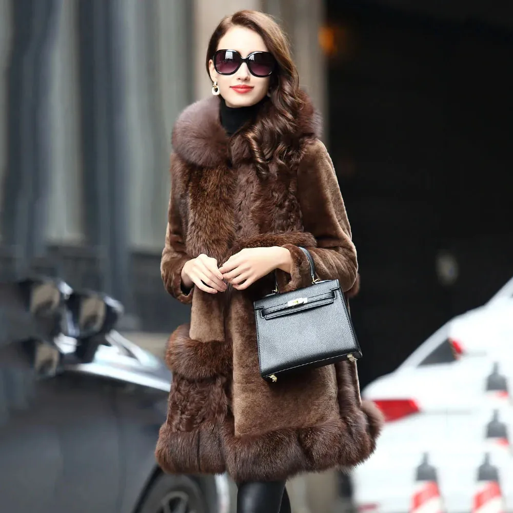 Fashion Long Haining Fur Sheep Shearing Temperament Coat Ladies Winter Imitation Fox Fur Collar Warm Fur One Loose Coat Female .