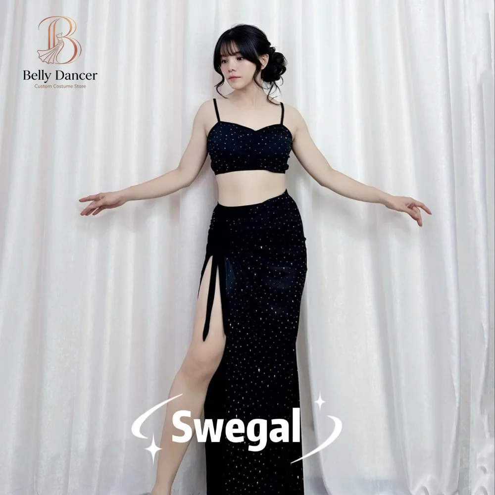 Customized Belly Dancewear Practice Dress with Hot Drilled Mesh Micro Sexy Insertable Cushion Beginners Oriental Dance Costume