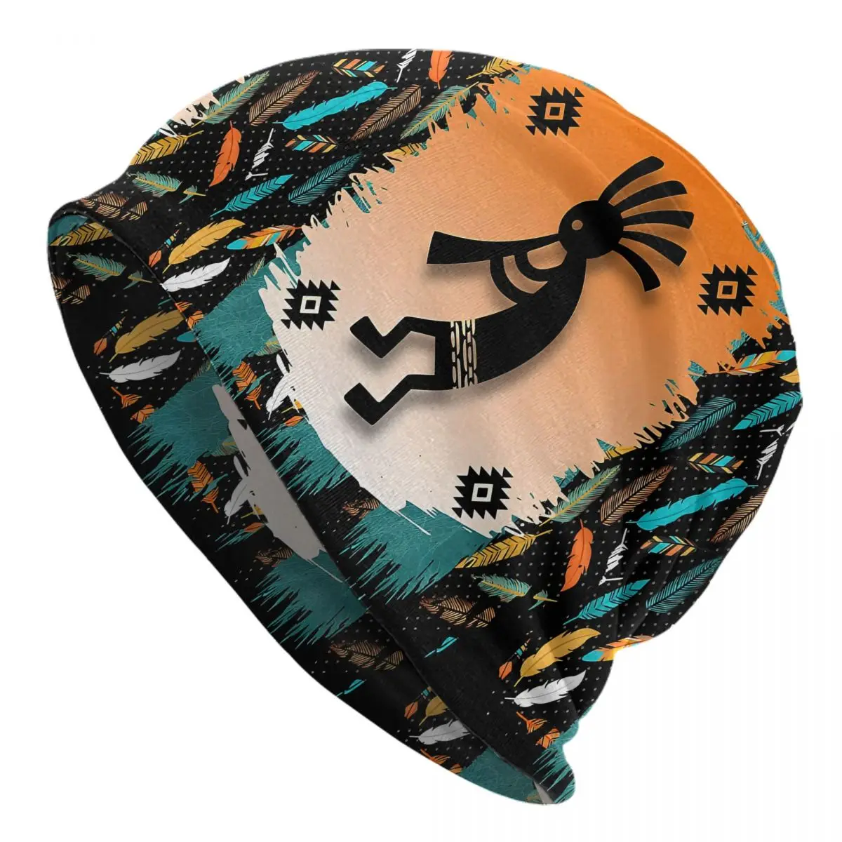 Kokopelli Tribal Symbol Pattern In Turquoise And Oranges Unisex Bonnet Thin Cycling Hats Double Layer Hat Breathable Caps