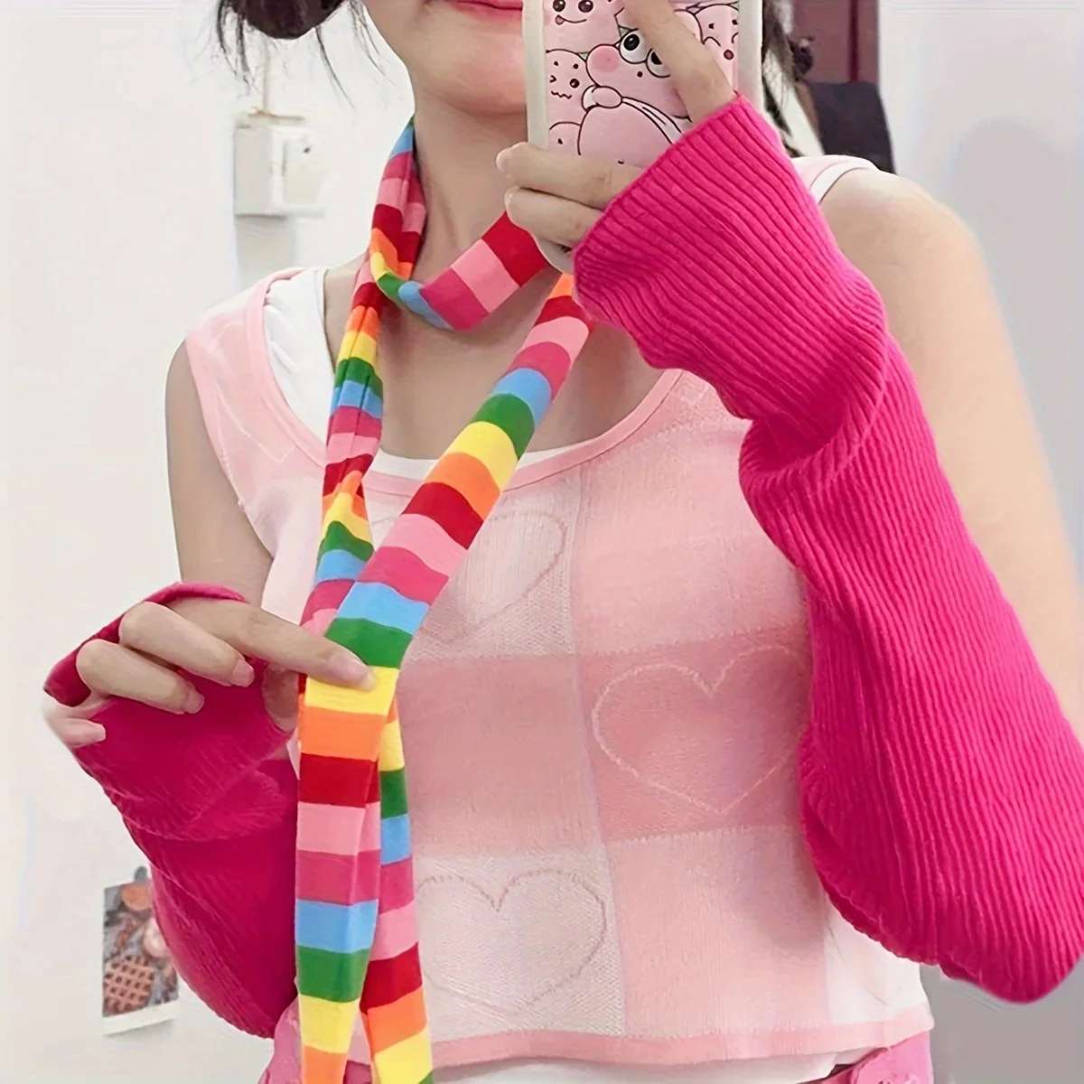 Colorful Stripe Contrast Scarf Instagram Punk Spicy Girl Street Neck Accessories Rainbow Fine Stripe Small and Versatile Dec