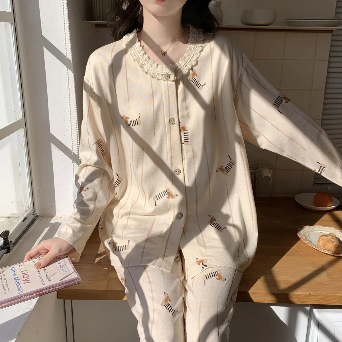 Pajamas Women Long Sleeve Casual Sweet Lace Cardigan Princess Style Ladies Homewear Set Puppy Soft