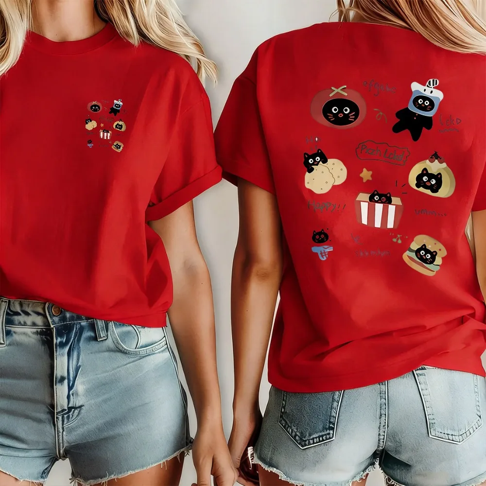 Women Black Cat Hide in Various Food Collage Graphic T Shirt Cute Cartoon Kitten Burger Tomato Popcorn Cotton Food Cat Lover Top