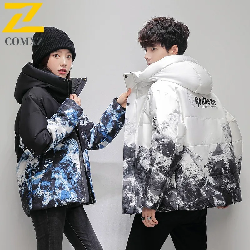 COMXZ Men Puffer Jacket Gradient Korean Style Ski Warm Windproof Travel Cotton Padded Jacket High Quality Snow Padded Jackets