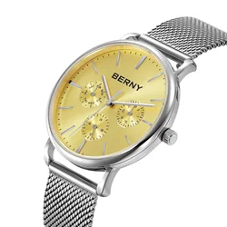 BERNY Watch for Men Calendar Week Modernist Style Classic Elegant Ultra-thin Quartz Watches Stainless steel 6P29 5ATM Wristwatch