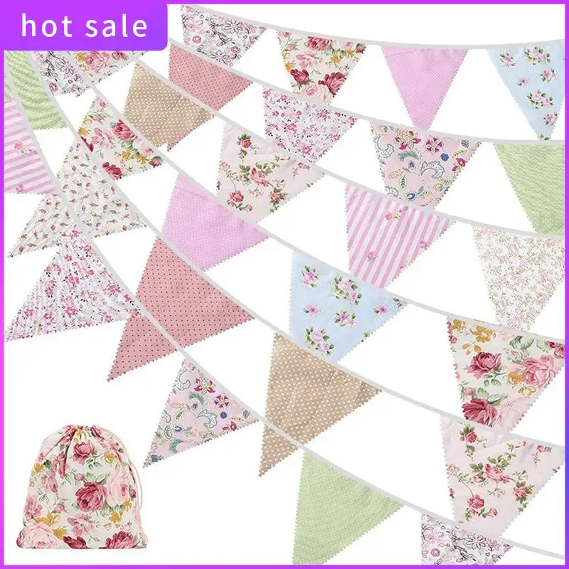 

HGSW-4X 40Ft Fabric Bunting, 42Pcs Outdoor Bunting Banner,Floral Vintage Cotton Triple-Cornered Flag For Birthday Party
