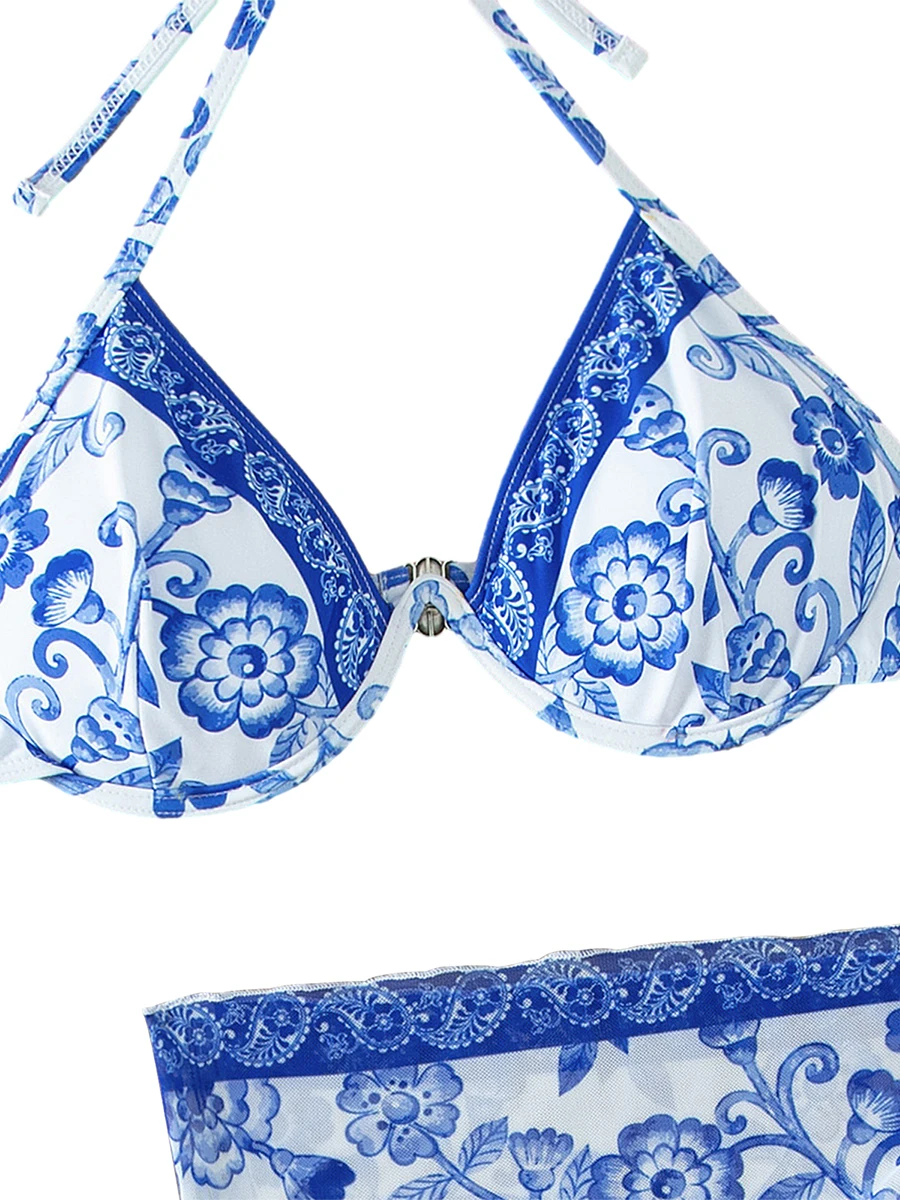 Kobiety Bikini zestaw kwiatowy niebieski i biały biustonosz nadruk porcelanowy majtki z wiązana spódnica kostium kąpielowy 3-częściowy strój