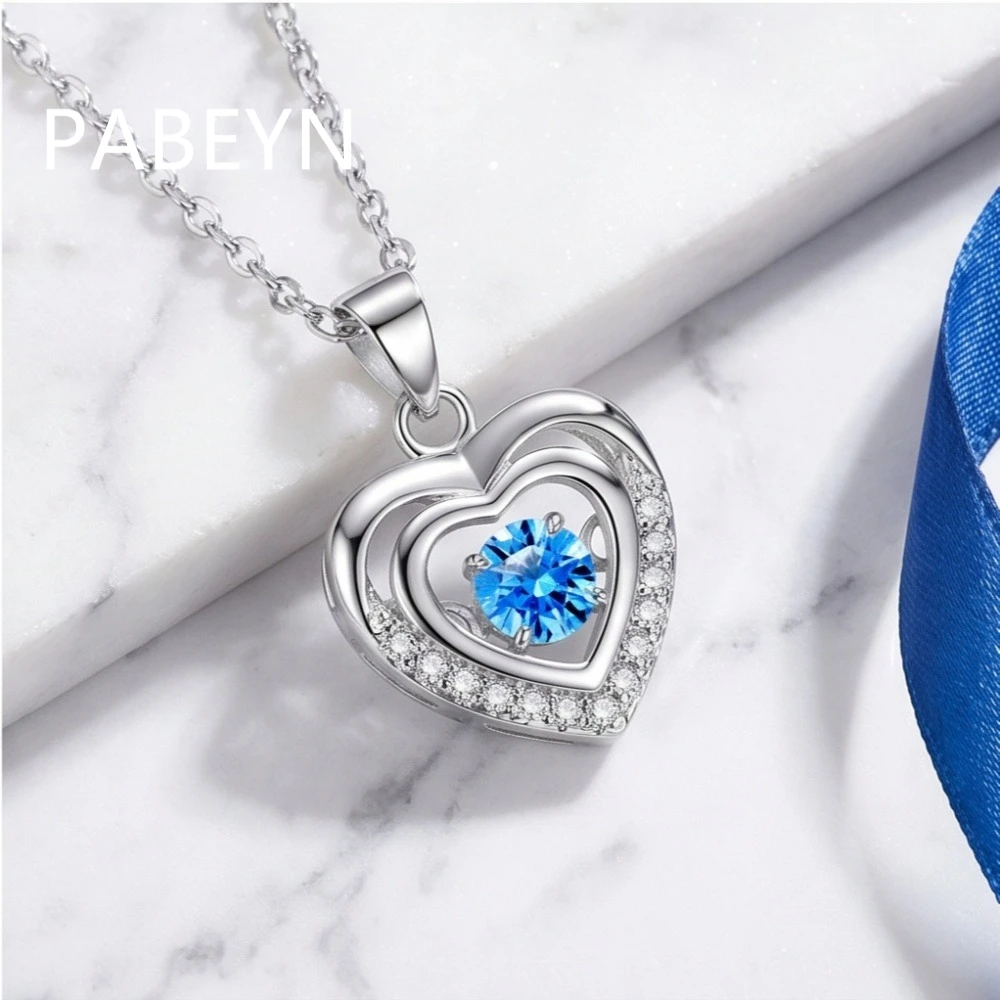 925 Sterling Silver Stylish Sweet Double Layer Smart Love Blue Zircon Necklace Birthday Party Anniversary Gift