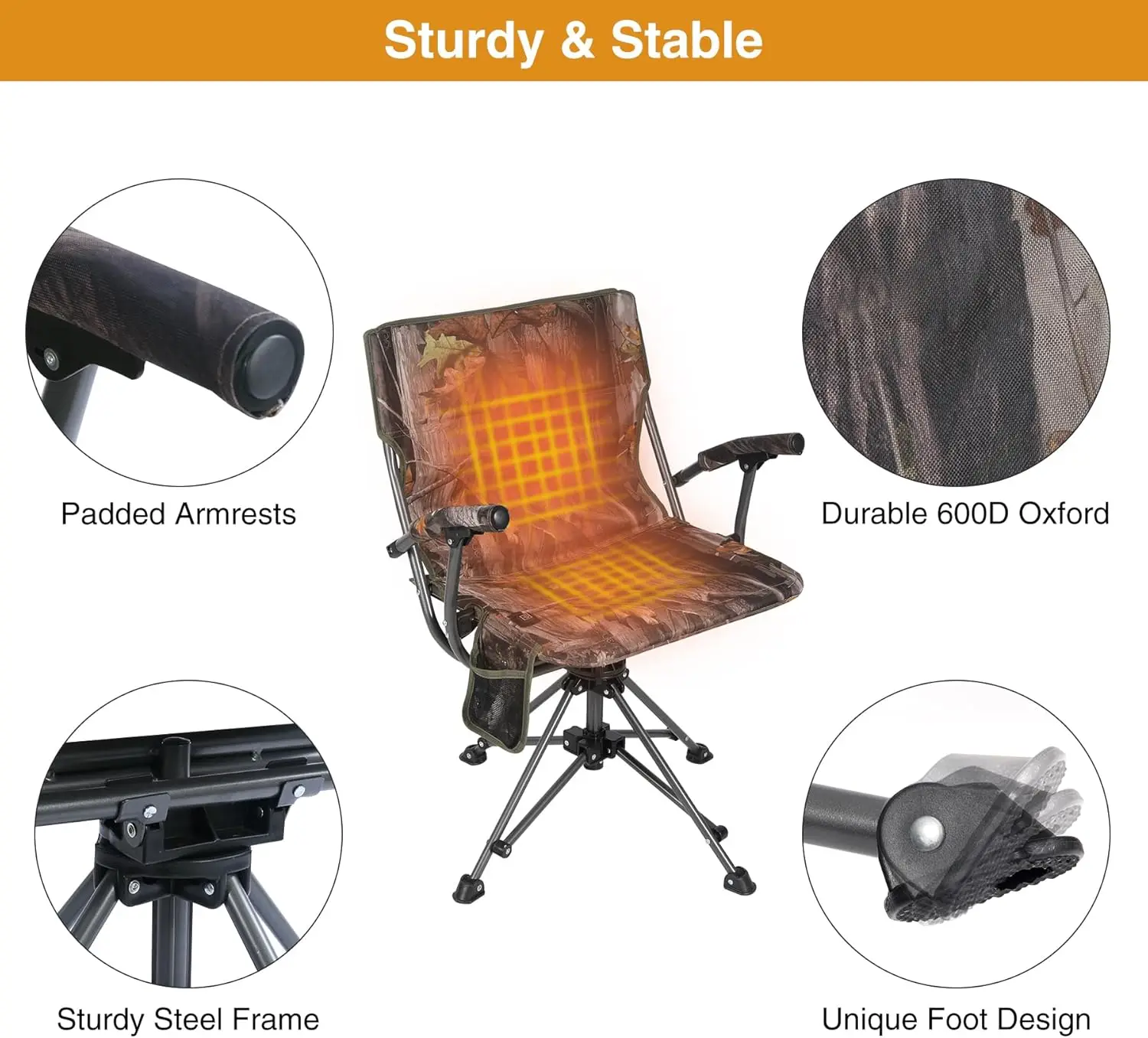 Swivel Heated Hunting Chairs for Ground Blinds, Portable Folding Camo Camping Chairs for Adults Hunting Seats with Hard Arms for