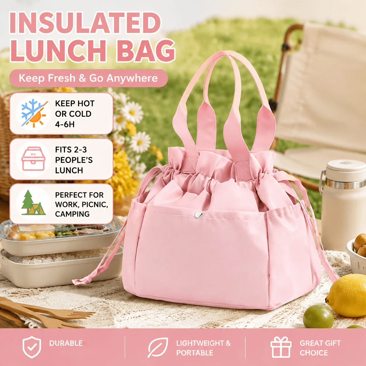 1 Pc Unisex Lightweight Insulated Drawstring Lunch Tote Thermal Food Storage Handbag Work Travel Picnic Easy Clean Holiday Gift