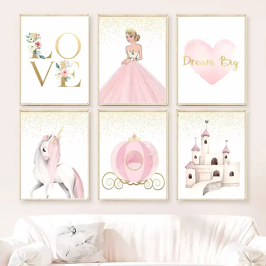Pink Princess Castle Swan Rainbow Love Wall Art Canvas Painting Nordic Posters and Prints Murals Children's Room Decoration