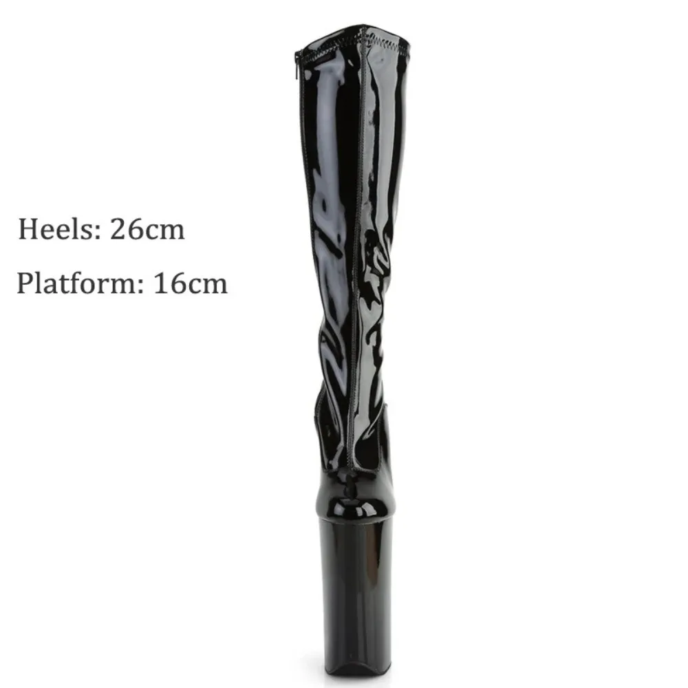 2026 Fall Patent Leather Round Toe Platform Mid Calf Boots 26cm Stiletto Heel Pole Dance Boots with Wrap Platform  Performances