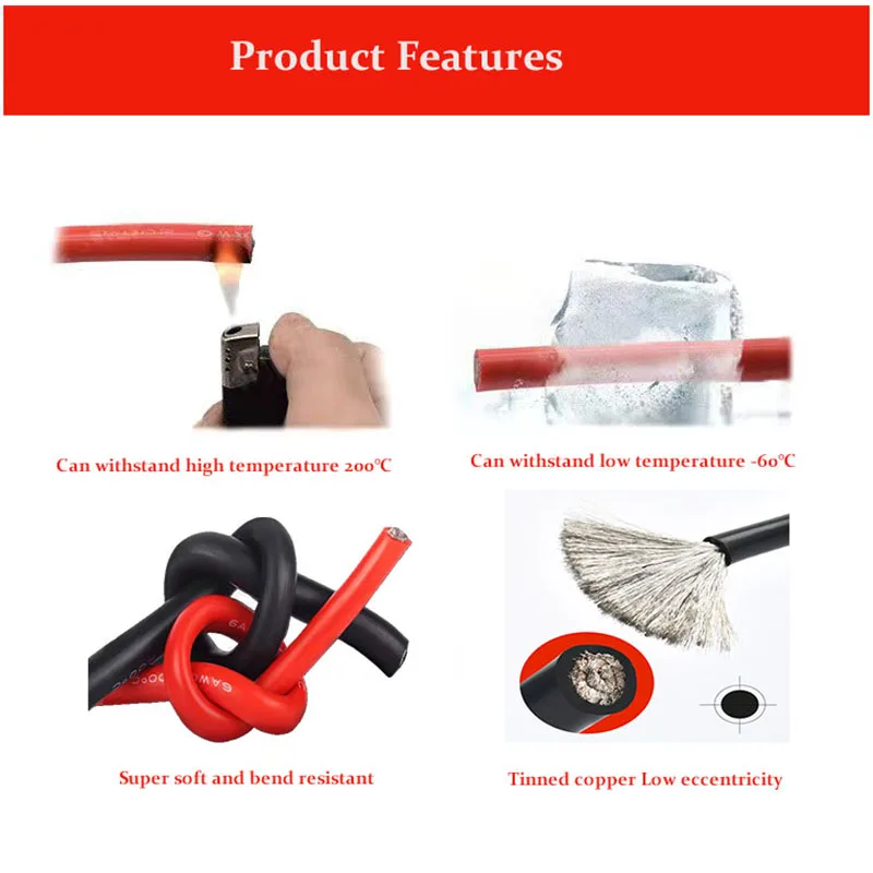 Super Soft Silicone Red and Black Tinned Copper Wire 8AWG 6AWG 4AWG 2AWG 0AWG Heat Resistant Car Battery Power Cable