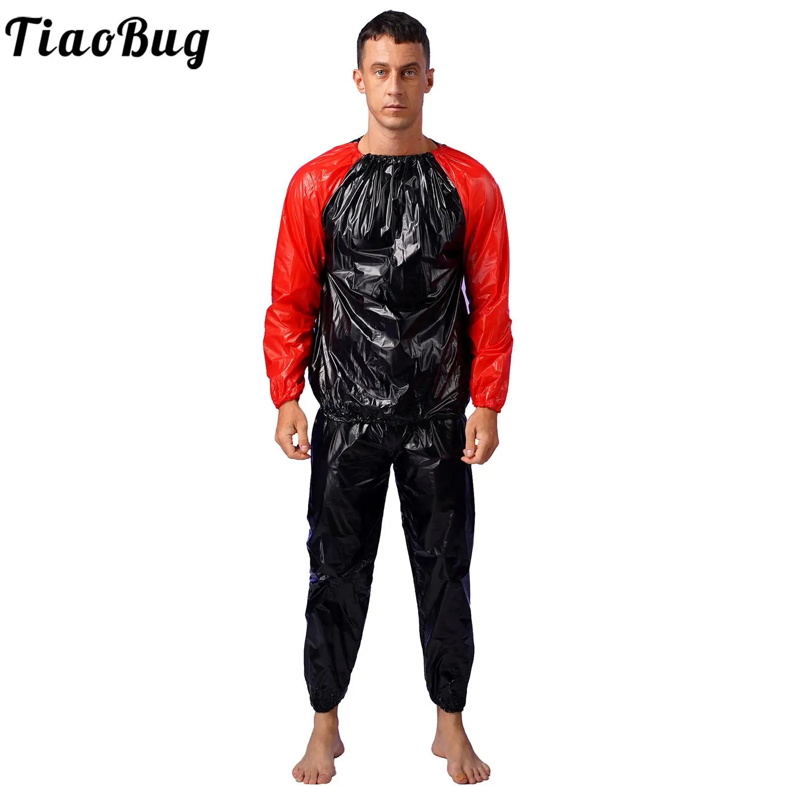 Unisex Mens Womens PVC Sauna Suit Fitness Gym Workout Weight Loss Outfits Contrast Color Stripe Long Sleeve Top with Long Pants