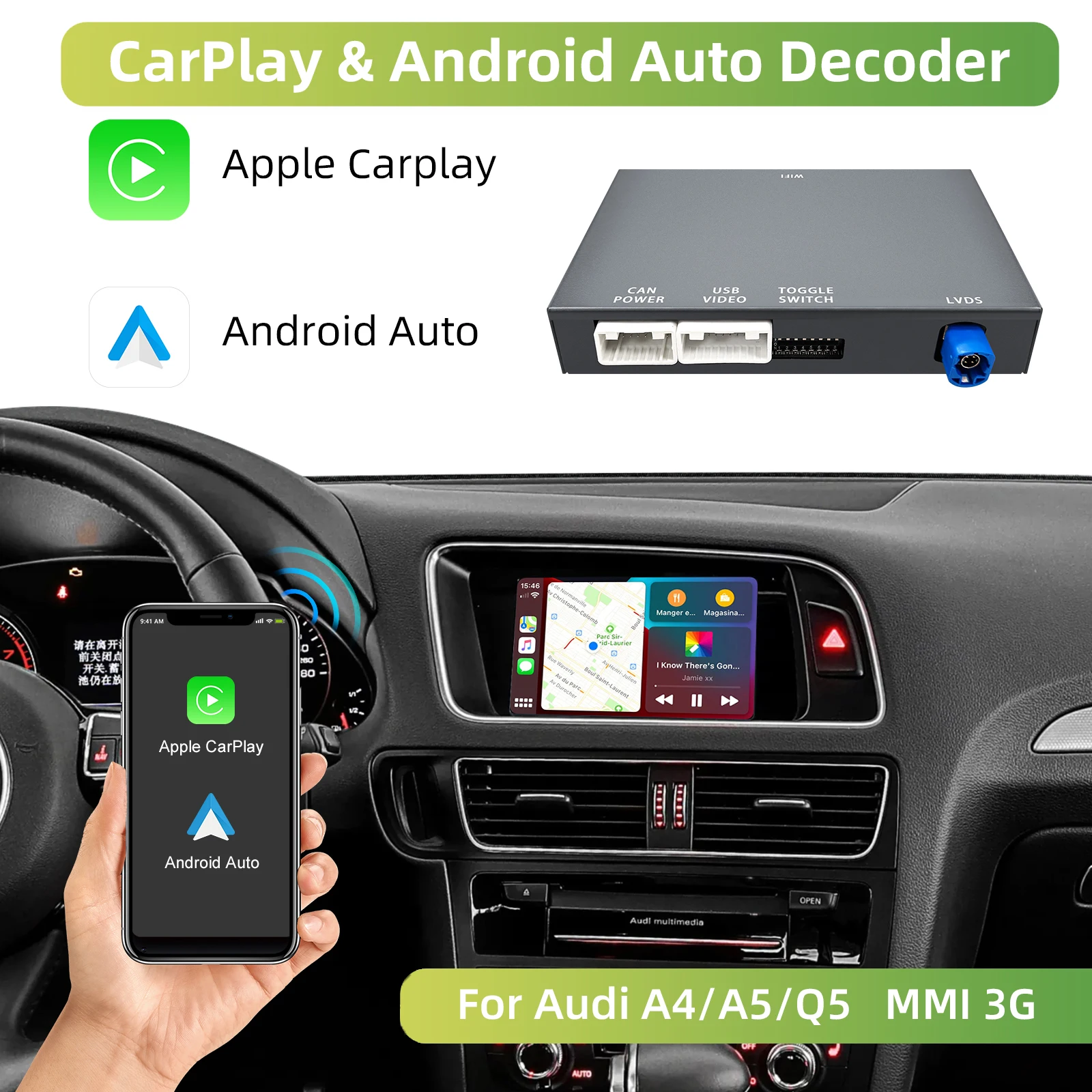 Wireless CarPlay & Android Auto Decoder Box for Audi A4 A5 Q5 2008-2018 – MMI 3G 6.5