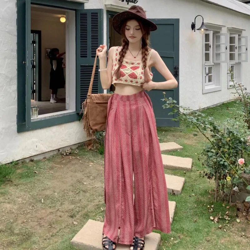 

Bohemian Knitted Wide Leg Pants Set Short Outerwear Crop Top Split Design Holiday Style Fashionable Women's Ensemble