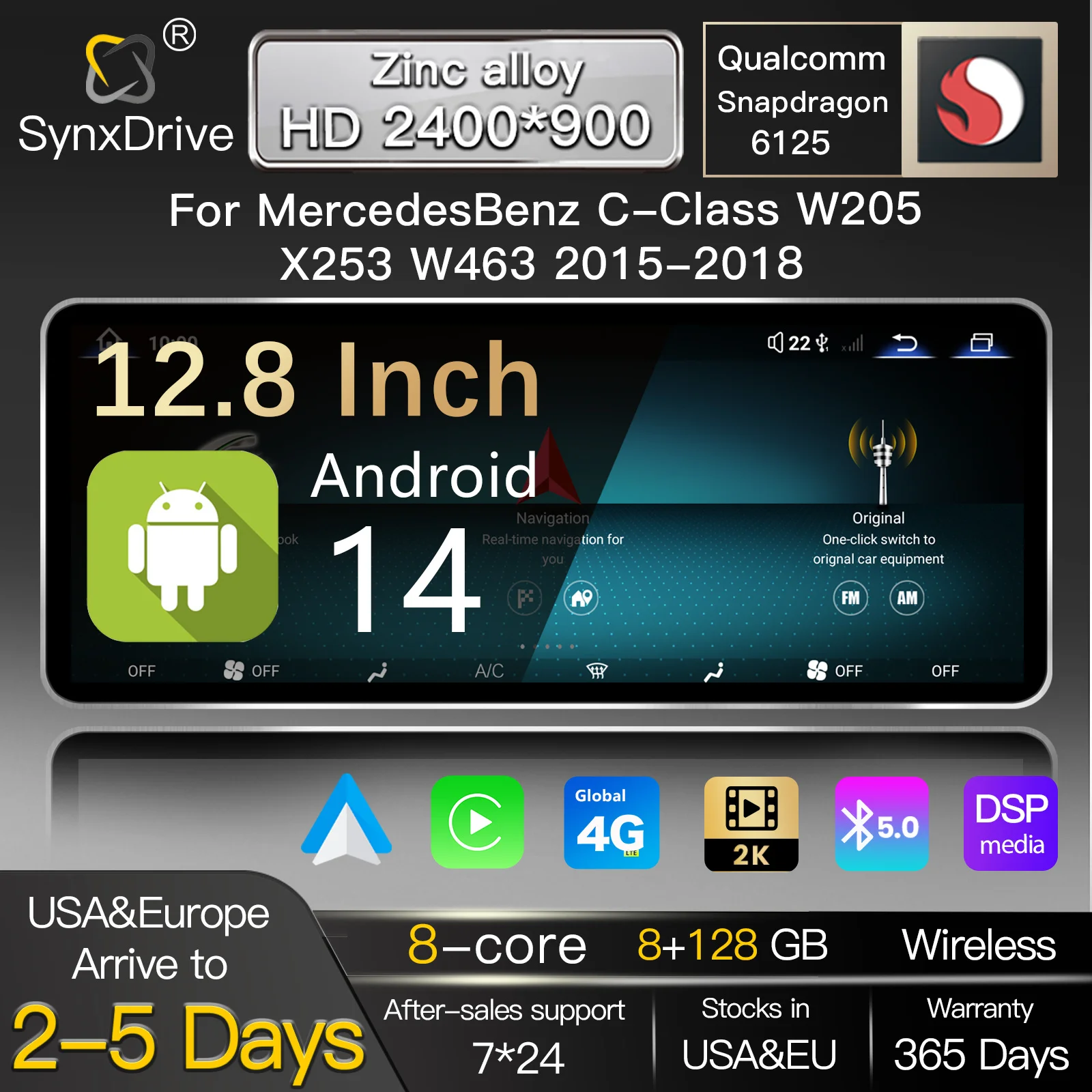 12,8" 2400*900 Snapdragon 6125 Draadloze Carplay Android 14 autoradio voor Mercedes Benz C-klasse W205 S205 2015-2018 NTG 5.0 Multimedia GPS-navigatie hoofdunit 4G WiFi stereo audio