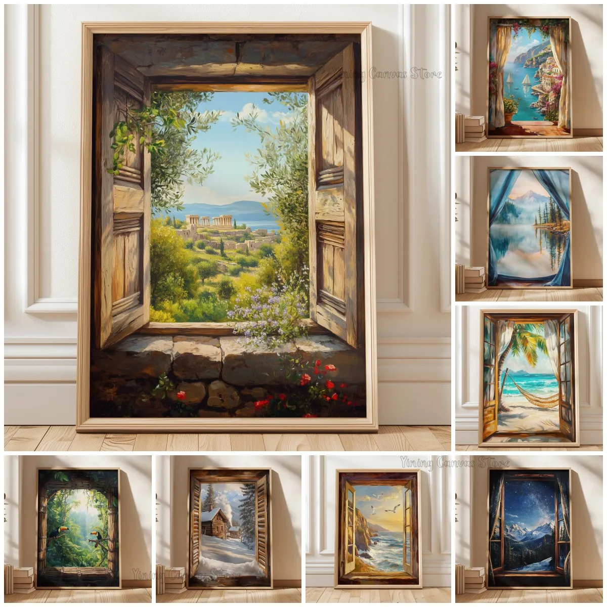 Ancient Temple Landscape Poster Greek Window View Art Mediterranean Print Rustic Greece Scene Olive Tree Painting Home Decor