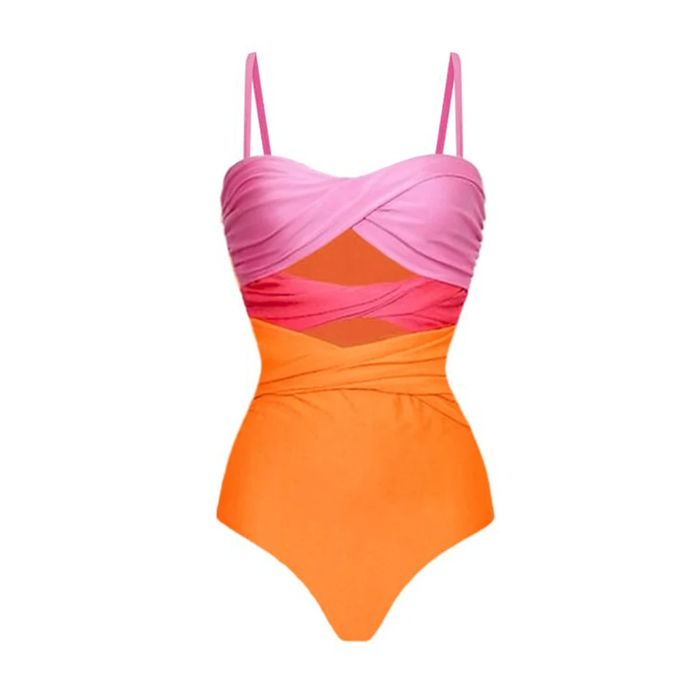 Fashion Colorblock Beach One Piece Swimsuit  Tankini Women Swimming Suits Swimwear Patchwor Bandage Swimsuit Thong Underwear Bra